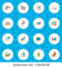 Eco icons colored line set with gas can, green factory, water crane and other world temperature elements. Isolated vector illustration eco icons.