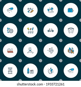 Eco icons colored line set with air purification, footprints, rechargeable box and other livestock elements. Isolated vector illustration eco icons.