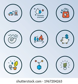 Eco icons colored line set with chemical formula, fluorescent lightbulb, seashell and other fuel elements. Isolated vector illustration eco icons.