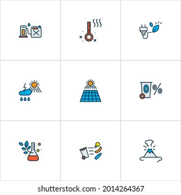 Eco icons colored line set with waste separation, zero waste, volcano and other temperature measurement elements. Isolated vector illustration eco icons.