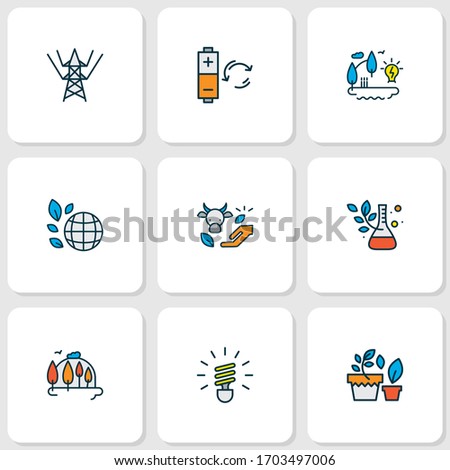 Eco icons colored line set with eco farming, biosphere, rechargeable batteries and other landscape elements. Isolated vector illustration eco icons.