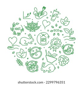 Eco icons composition. Caring for nature and environment, no animal testing. Motivational poster or banner for website. Natural and organic products, cosmetics. Cartoon flat vector illustration