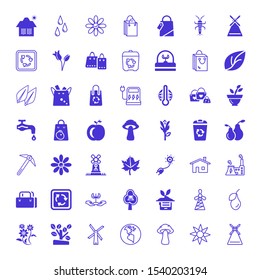 eco icons. Editable 49 eco icons. Included icons such as Windmill, Flower, Mushroom, Planet earth, Trees, Flowers, Pear, Sprout, Tree, Recycling, Shopping bag. eco trendy icons for web.