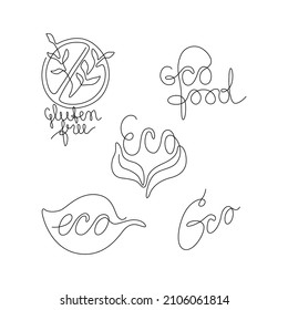 Eco icons, emblem or logo design, continuous line drawing, neon, banner, poster, flyers, marketing, one single line on white background, isolated vector illustration.