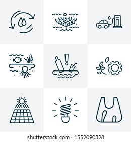 Eco Icons Line Style Set With Water Pollution, Water Cycle, Coral Reefs And Other Algae
 Elements. Isolated Vector Illustration Eco Icons.