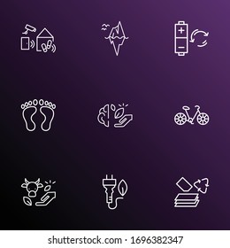 Eco icons line style set with paper recycling, iceberg, rechargeable batteries and other recycle page elements. Isolated vector illustration eco icons.