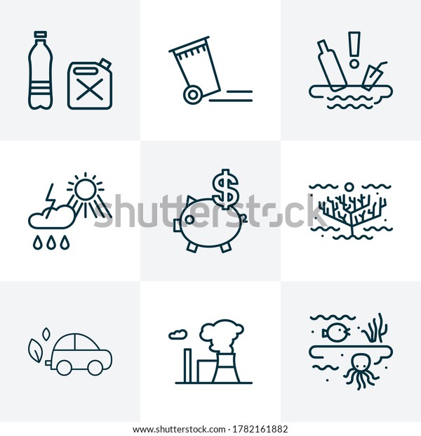 Eco icons line style set with water pollution,\
trash can, eco car and other container elements. Isolated vector\
illustration eco icons.