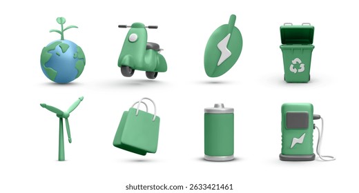 Eco Icons Pack With Earth, Electric Scooter, Charging Station, Wind Turbine, Battery, Leaf Power Symbol and Recycle Bin in 3D Style. Ideal for Green Projects. Vector Illustration.
