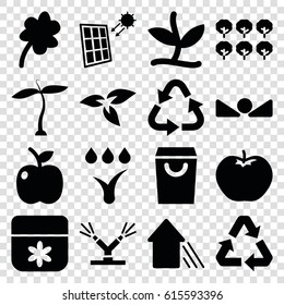 Eco icons set. set of 16 eco filled icons such as plant, apple, tree, flower, Clover, recycle, arrow up, watering system, solar panel