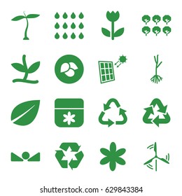 Eco icons set. set of 16 eco filled icons such as plant, leaf, tree, flower, recycle, sprout, arrow up, drop, solar panel