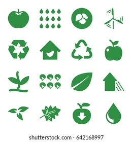 Eco icons set. set of 16 eco filled icons such as plant, leaf, apple, tree, recycle, arrow up, eco house, drop, mill
