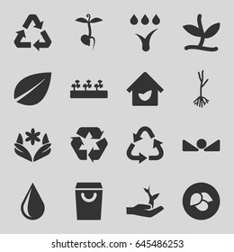 Eco icons set. set of 16 eco filled icons such as leaf, flower, recycle, water drop, sprout plants, sprout, arrow up, eco house, watering system, plant, plant on hand