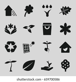 Eco icons set. set of 16 eco filled icons such as plant, leaf, tree, flower, clover, sprout, recycle, arrow up, eco house, watering system, solar panel, plant on hand