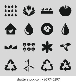 Eco icons set. set of 16 eco filled icons such as plant, leaf, apple, tree, flower, recycle, water drop, sprout plants, arrow up, eco house, drop