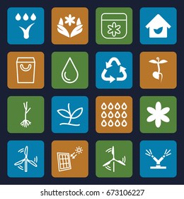 Eco icons set. set of 16 eco filled and outline icons such as flower, recycle, sprout, eco house, watering system, mill, water drop, drop, solar panel, plant