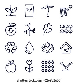 Eco icons set. set of 16 eco outline icons such as plant, tree, flower, Clover, recycle, apple, eco house, watering system, drop, solar panel, mill, shopping bag