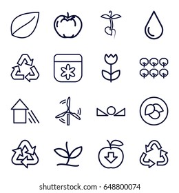 Eco icons set. set of 16 eco outline icons such as leaf, apple, tree, flower, recycle, water drop, sprout, arrow up, mill, plant