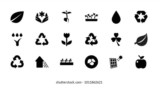 Eco icons. set of 18 editable filled eco icons: leaf, flower, sprout plants, sprout, recycle, arrow up, apple, watering system, solar panel, clover