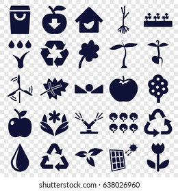 Eco icons set. set of 25 eco filled icons such as plant, leaf, apple, tree, flower, clover, recycle, water drop, sprout plants, sprout, arrow up, eco house, watering system