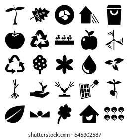 Eco icons set. set of 25 eco filled icons such as plant, leaf, apple, tree, flower, clover, recycle, sprout plants, sprout, arrow up, eco house, watering system, drop