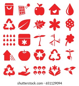 Eco icons set. set of 25 eco filled icons such as plant, leaf, apple, tree, flower, clover, recycle, water drop, sprout, arrow up, eco house, drop, solar panel, mill