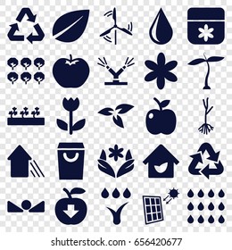 Eco icons set. set of 25 eco filled icons such as plant, apple, tree, flower, leaf, water drop, sprout plants, sprout, arrow up, eco house, watering system, drop, recycle