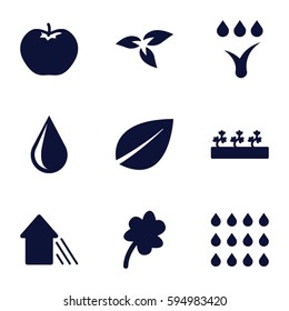 eco icons set. Set of 9 eco filled icons such as plant, apple, leaf, Clover, water drop, sprout plants, arrow up, watering system