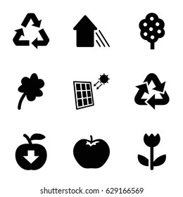Eco icons set. set of 9 eco filled icons such as apple, tree, Clover, arrow up, flower, recycle, solar panel