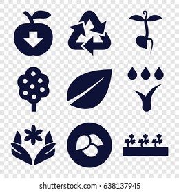 Eco icons set. set of 9 eco filled icons such as leaf, tree, flower, sprout plants, sprout, watering system, recycle