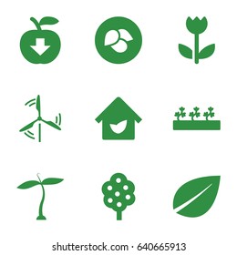 Eco icons set. set of 9 eco filled icons such as plant, leaf, tree, sprout plants, flower, eco house, mill