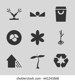 Eco icons set. set of 9 eco filled icons such as plant, leaf, flower, sprout, recycle, arrow up, watering system
