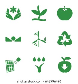 Eco icons set. set of 9 eco filled icons such as apple, flower, arrow up, watering system, solar panel, mill, plant, recycle