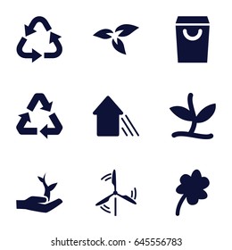 Eco icons set. set of 9 eco filled icons such as plant, clover, recycle, arrow up, mill, plant on hand