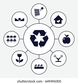 Eco icons set. set of 9 eco filled icons such as tree, sprout plants, recycle, arrow up, flower, apple, eco house, watering system