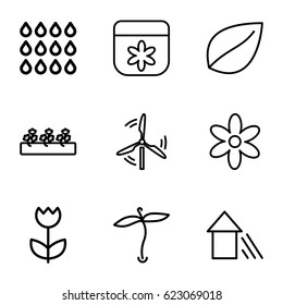 Eco icons set. set of 9 eco outline icons such as plant, flower, leaf, sprout plants, arrow up, drop