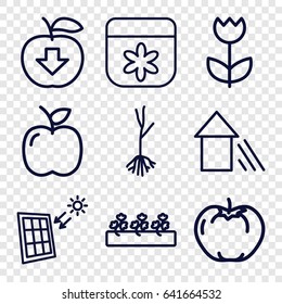 Eco icons set. set of 9 eco outline icons such as apple, flower, sprout plants, sprout, arrow up, solar panel