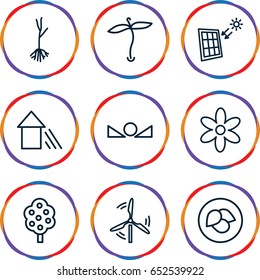 Eco icons set. set of 9 eco outline icons such as plant, leaf, tree, flower, sprout, arrow up, solar panel