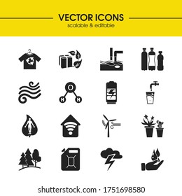 Eco icons set with chemical formula, go green and thunder elements. Set of eco icons and gas can concept. Editable vector elements for logo app UI design.