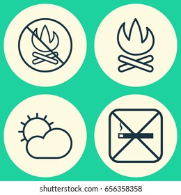 Eco Icons Set. Collection Of Clear Climate, Fire Banned, Cigarette And Other Elements. Also Includes Symbols Such As Sunny, Bonfire, Warning.