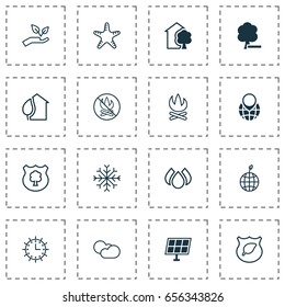 Eco Icons Set. Collection Of Guard Tree, Sun Clock, Pin Earth And Other Elements. Also Includes Symbols Such As Cumulus, Campfire, Pin.