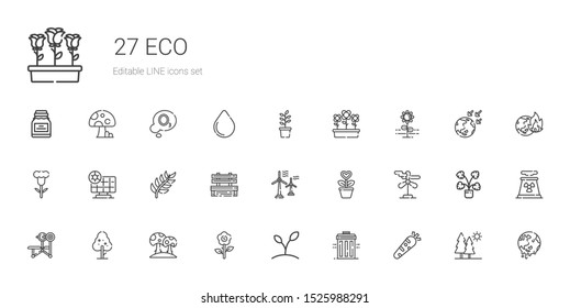 eco icons set. Collection of eco with healthy food, recycle bin, plant, flower, mushroom, tree, bench, wind turbine, branch, solar panel, flowers. Editable and scalable eco icons.