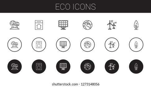 eco icons set. Collection of eco with mushroom, home, solar panel, planet earth, wind turbine, tree. Editable and scalable eco icons.