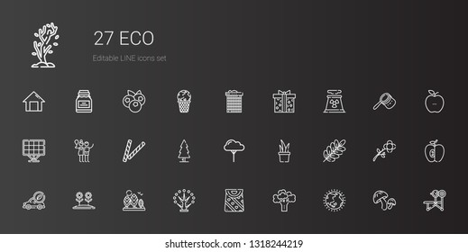eco icons set. Collection of eco with ozone layer, broccoli, bag, tree, flower, electric car, branch, plant, decorative, birch, solar panel, nuclear plant. Editable and scalable eco icons.