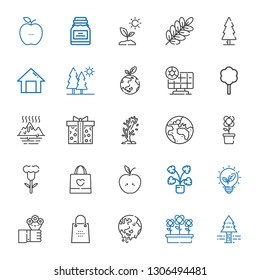 eco icons set. Collection of eco with pine tree, flowers, global warming, shopping bag, renewable energy, decorative, apple, flower, planet earth. Editable and scalable eco icons.