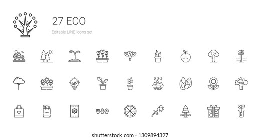 eco icons set. Collection of eco with pine tree, flower, orange, plant, seeds, tote bag, shopping bag, global warming, renewable energy, flowers. Editable and scalable eco icons.