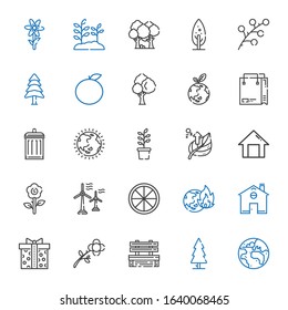eco icons set. Collection of eco with planet earth, tree, bench, flower, supermarket gift, home, global warming, orange, wind turbine, leaf, plant. Editable and scalable eco icons.