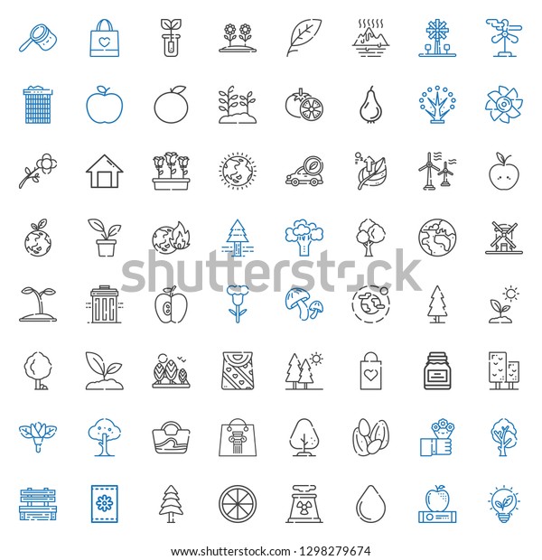 eco icons\
set. Collection of eco with renewable energy, apple, water drop,\
nuclear plant, orange, pine, seeds, bench, tree, flowers, shopping\
bag. Editable and scalable eco\
icons.