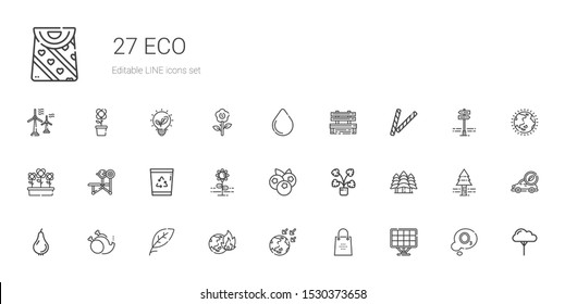 eco icons set. Collection of eco with solar panel, shopping bag, global warming, leaf, without, pear, forest, decorative, blueberries, flower. Editable and scalable eco icons.