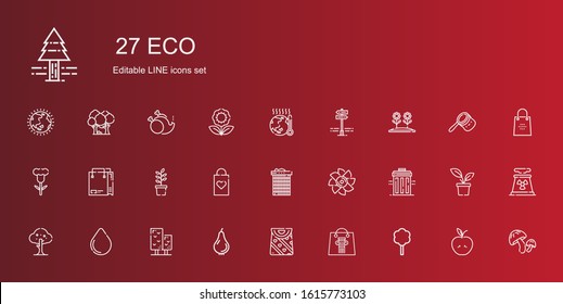 eco icons set. Collection of eco with tree, shopping bag, bag, pear, water drop, recycle bin, turbine, plant, flower, panels, global warming. Editable and scalable eco icons.