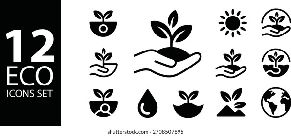 Öko-Icons Set mit Pflanzen Hände Sonne und Erde symbolisieren Umweltpflege und Nachhaltigkeit